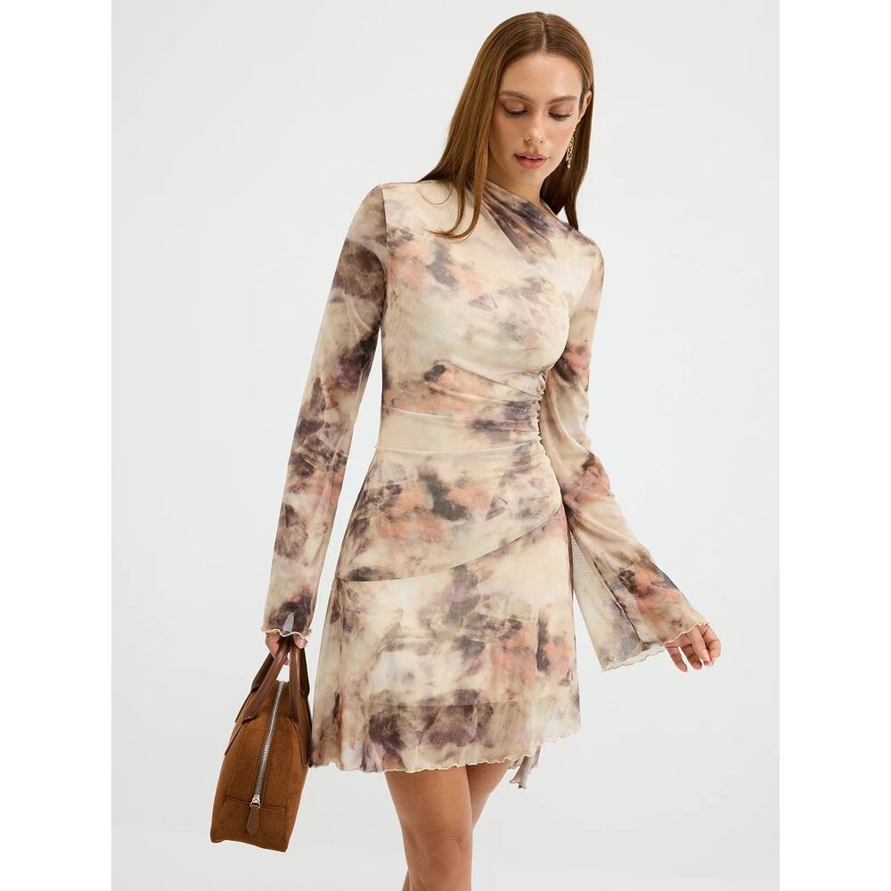 Commense Mesh Ruched Mini Dress Women’s M Brown Abstract Print Long Sleeve NWT - Picture 2 of 10